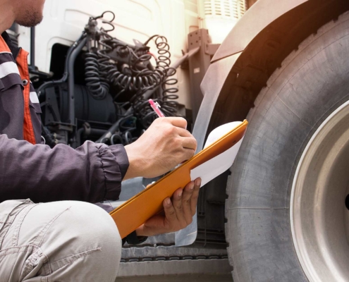 Inspector looking at a commercial truck