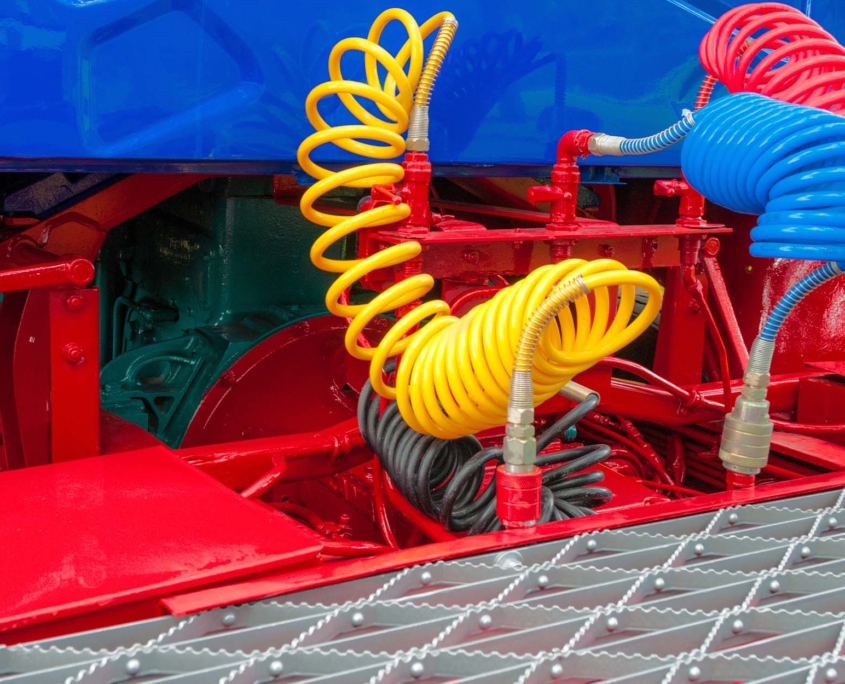 yellow blue and red hydraulic system tubes